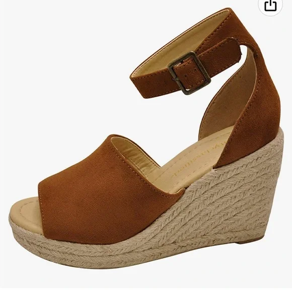City classified suede 8 brown cognac espadrille wedge sandals shoes ankle strap